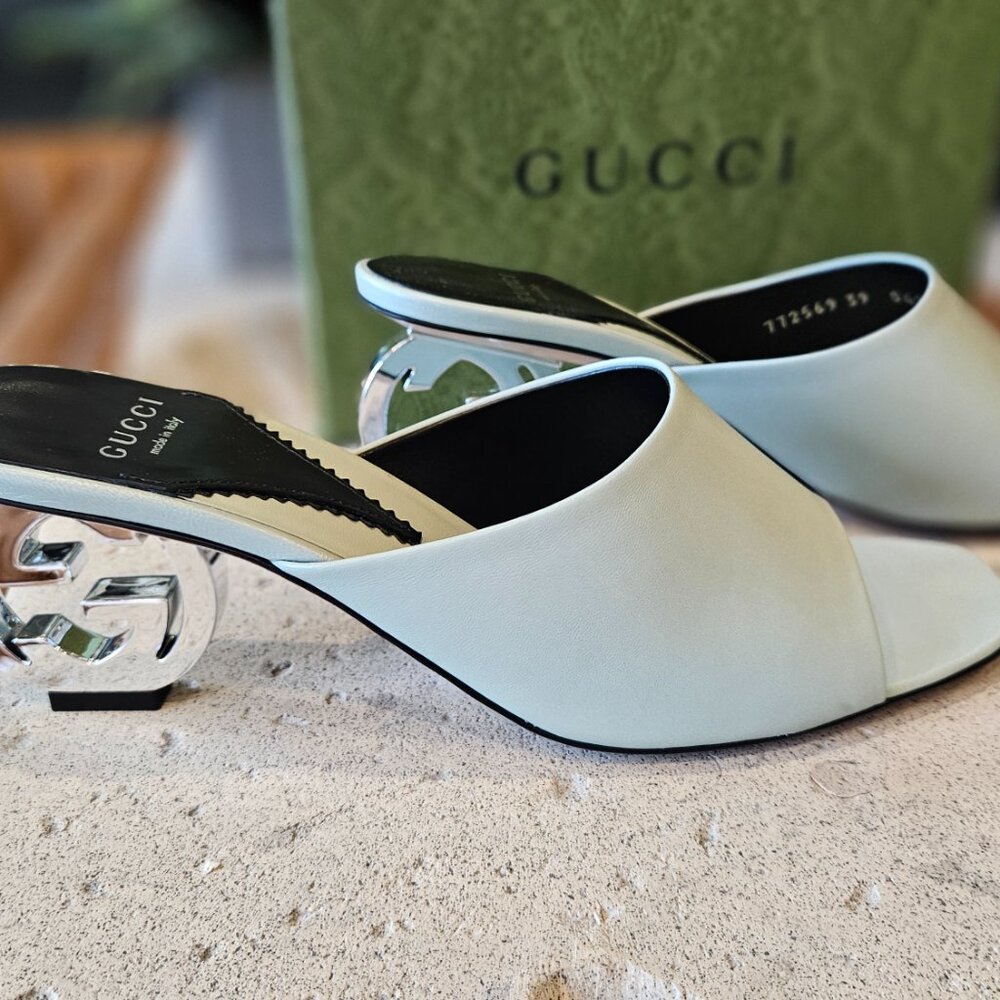 Gucci Interlocking G Heel Sandal 772569 C9D00  3409 Light Green Leather Size 39